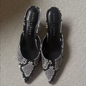 NEW Marc Fisher Snake Print Mules in Black and Gray